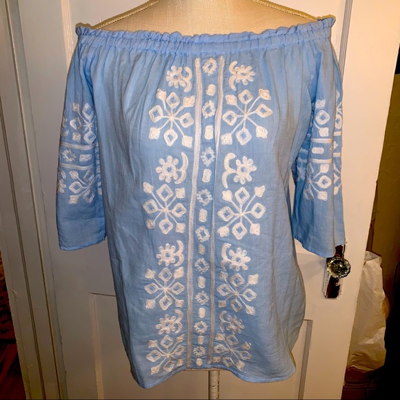 Womens light blue with white trim off shoulders top small new with tags - Picture 1 of 5